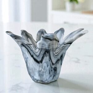 Vintage Murano Art Glass Candle Votive Vase Gray Blue Smoke Swirl Petals Italy